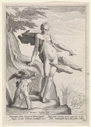 Venus laat Amor een pijl naar Pluto schieten by Unknown, print, 1590