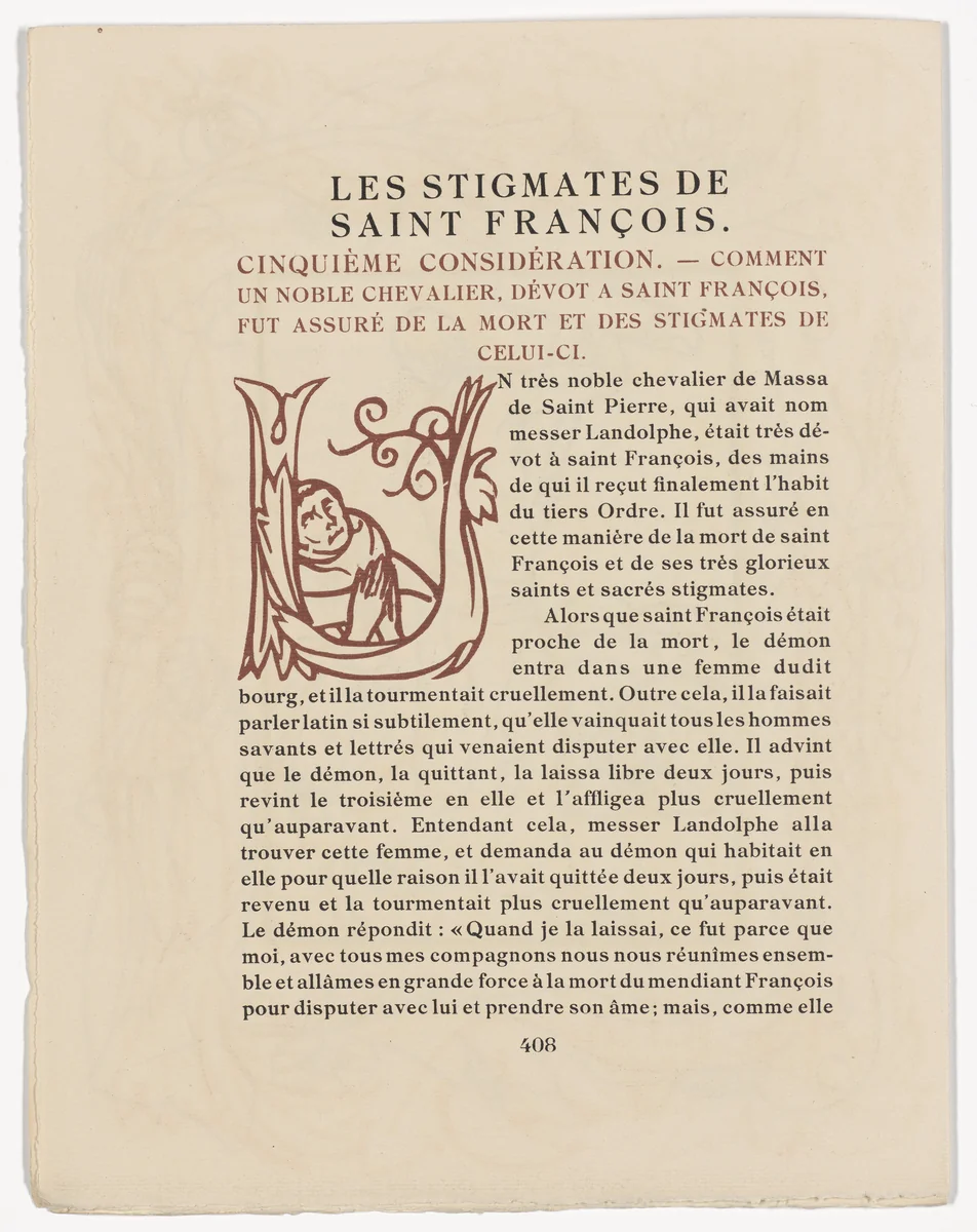 Pictorial initial (page 408) from Les Petites Fleurs de St. François (The Little Flowers of St. Francis) by Émile Bernard, illustrated book, 1928