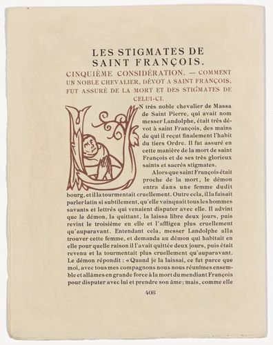 Pictorial initial (page 408) from Les Petites Fleurs de St. François (The Little Flowers of St. Francis) by Émile Bernard, illustrated book, 1928