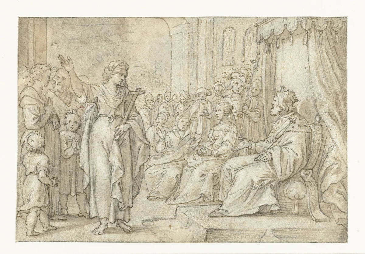 Vrouwelijke heilige verschijnt voor een koning by Pieter de Jode, drawing, 1580-1634