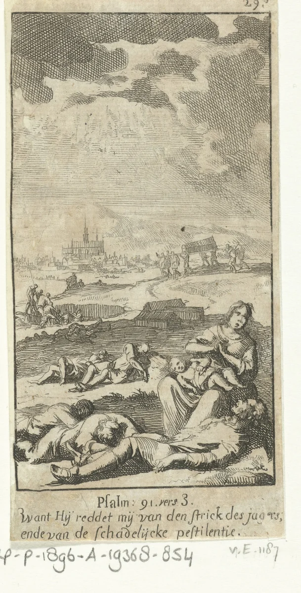 Landschap met aan de pest lijdende figuren by Jan Luyken, print, 1691