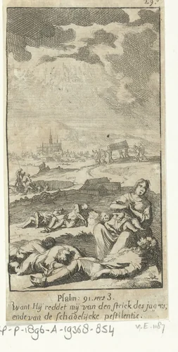 Landschap met aan de pest lijdende figuren by Jan Luyken, print, 1691
