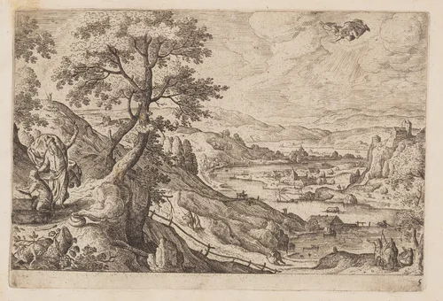 Plate 5, from Landscapes with Scenes from the Old and New Testament and Ovid’s Metamorphoses by Hans Bol, print, 1574
