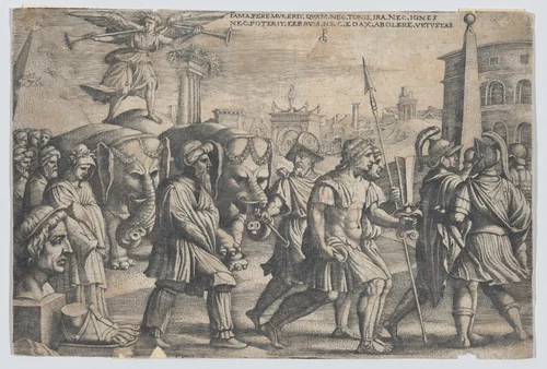 The Triumph of Fame on Chastity, from "The Triumphs of Petrarch" by Georg Pencz, print, 1534-1544