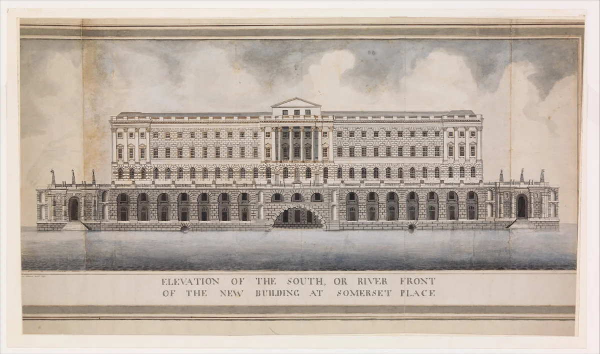Elevation of the South, or River Front of the New Building at Somerset Place by Sir William Chambers, drawing, 1740-1796