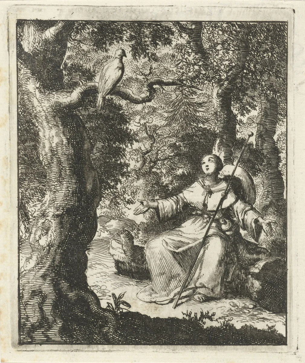 Vrouwelijke pelgrim ziet in het bos een tortelduif by Jan Luyken, print, 1687