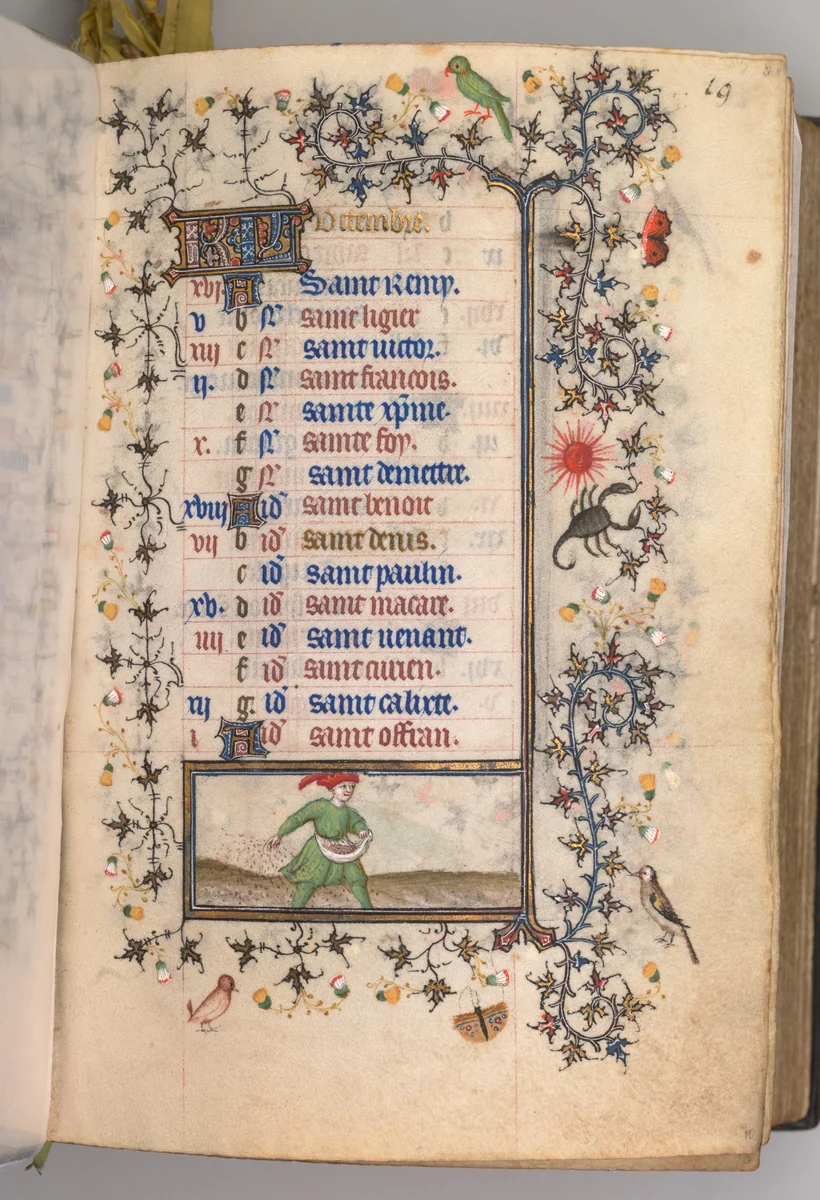 Hours of Charles the Noble, King of Navarre (1361-1425): fol. 10r, October by Master of the Brussels Initials and Associates, book, 1400-1410