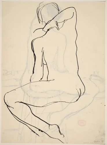 Untitled [back view of a nude holding her neck with her right hand] [verso] by Richard Diebenkorn, drawing, 1955-1967