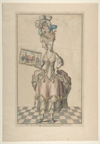 Robe à la Circassienne Garnie à la Chartres: la Coëffure de meme, Avec le Tableau des Evenements by anonymous, print, 1770-1779