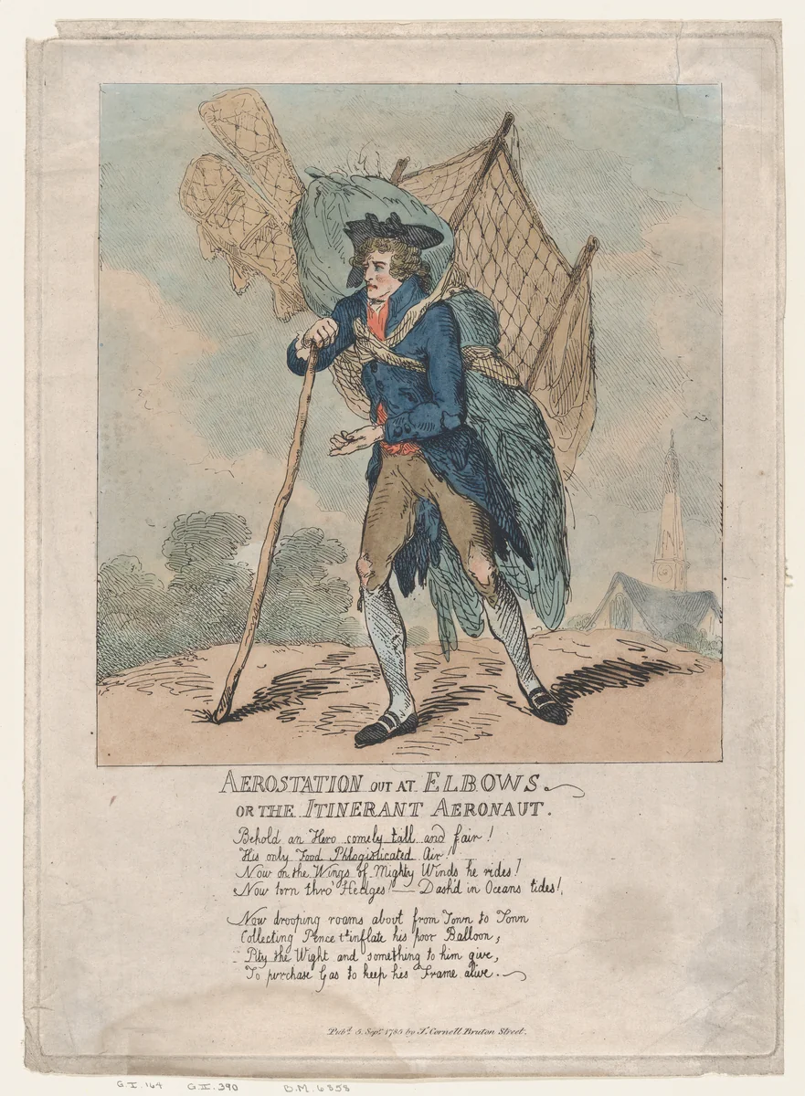 Aerostation out at Elbows, or The Itinerant Aeronaut by Thomas Rowlandson, print, 1785