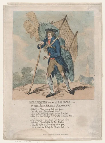 Aerostation out at Elbows, or The Itinerant Aeronaut by Thomas Rowlandson, print, 1785