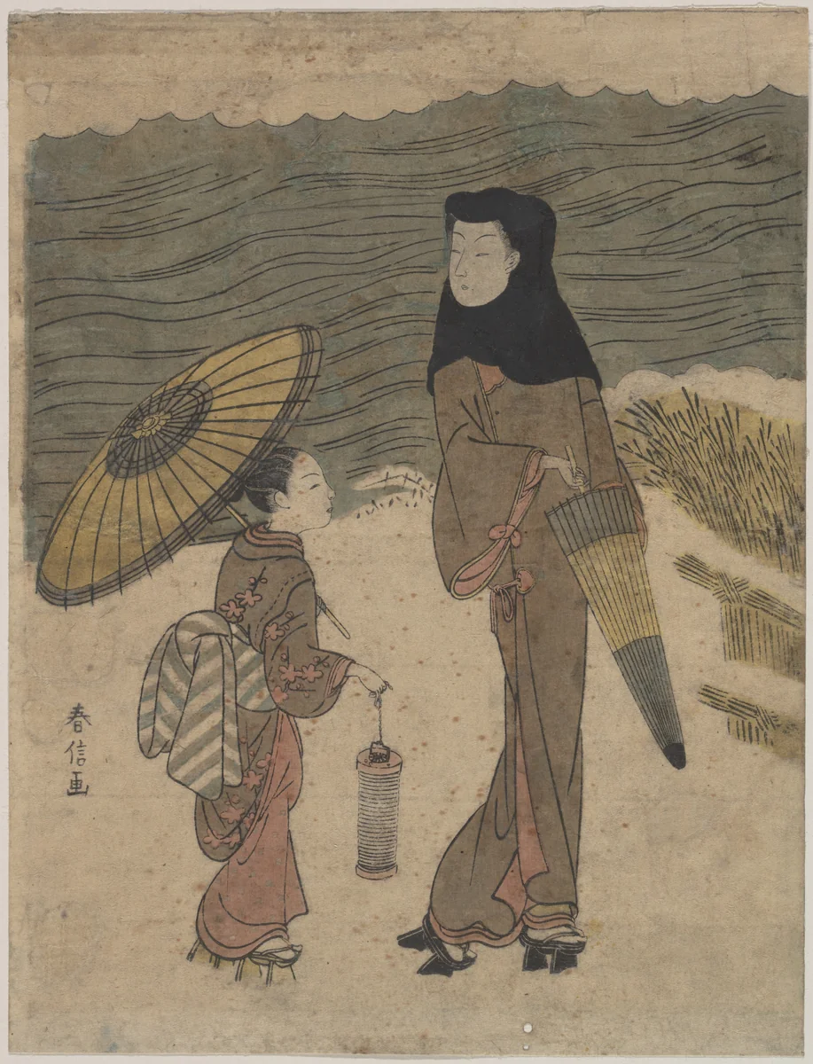 Lady with Black Hood and Umbrella Out Walking with Young Attendant by Suzuki Harunobu (鈴木春信), print, 1725-1770