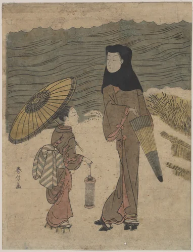 Lady with Black Hood and Umbrella Out Walking with Young Attendant by Suzuki Harunobu (鈴木春信), print, 1725-1770
