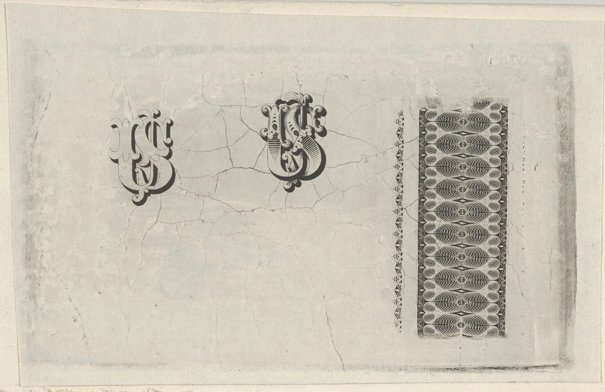 Banknote motifs: band of lathe work ornament and two monograms using the letters U.S. by Cyrus Durand, print, 1819-1847