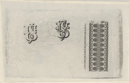 Banknote motifs: band of lathe work ornament and two monograms using the letters U.S. by Cyrus Durand, print, 1819-1847