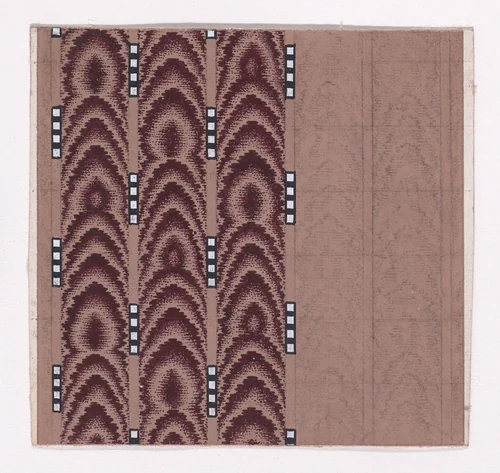 Textile Design of Vertical Stripes of Overlapping Scales Simulating Tie-Dye Framed by Alternating Vertical Strings of Squares by anonymous, drawing, 1840