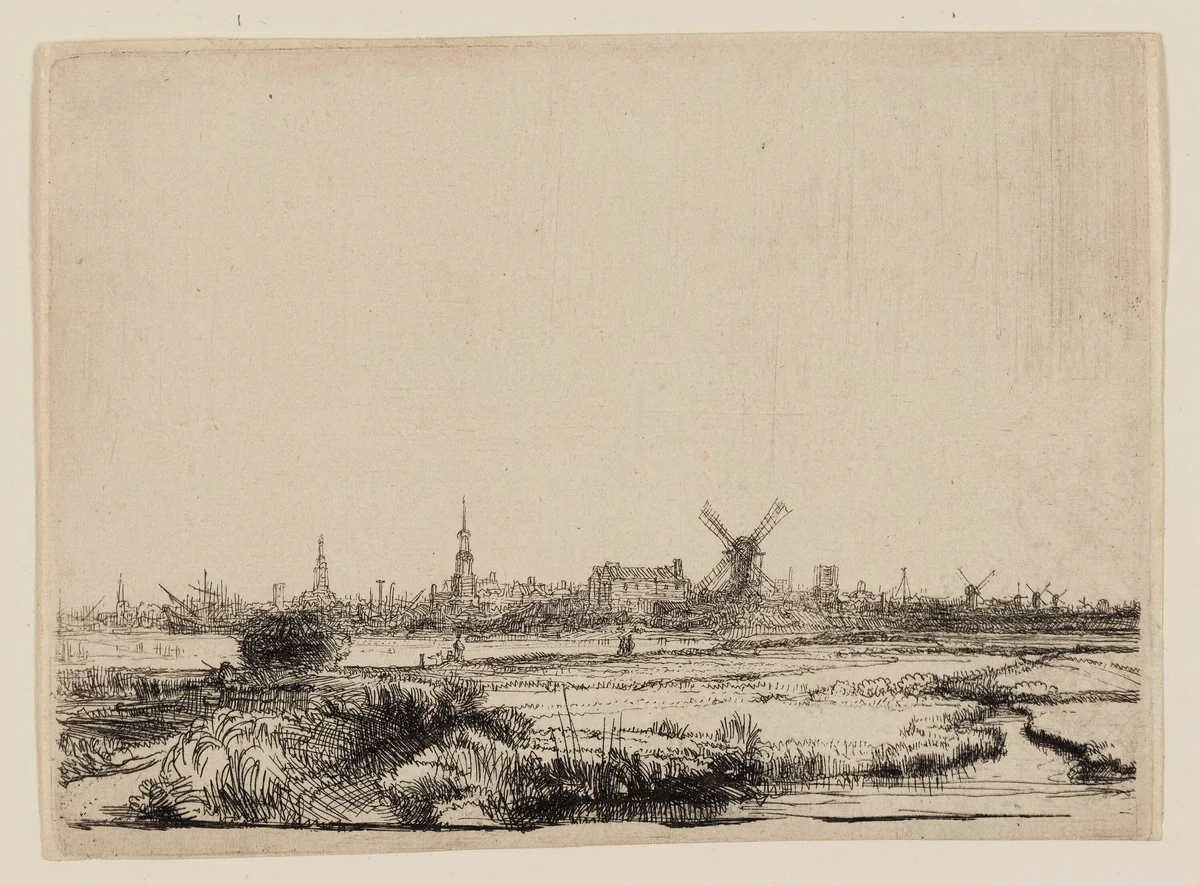 View of Amsterdam from the Kadijk by Rembrandt van Rijn, print, 1636-1646