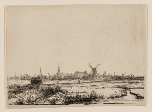View of Amsterdam from the Kadijk by Rembrandt van Rijn, print, 1636-1646