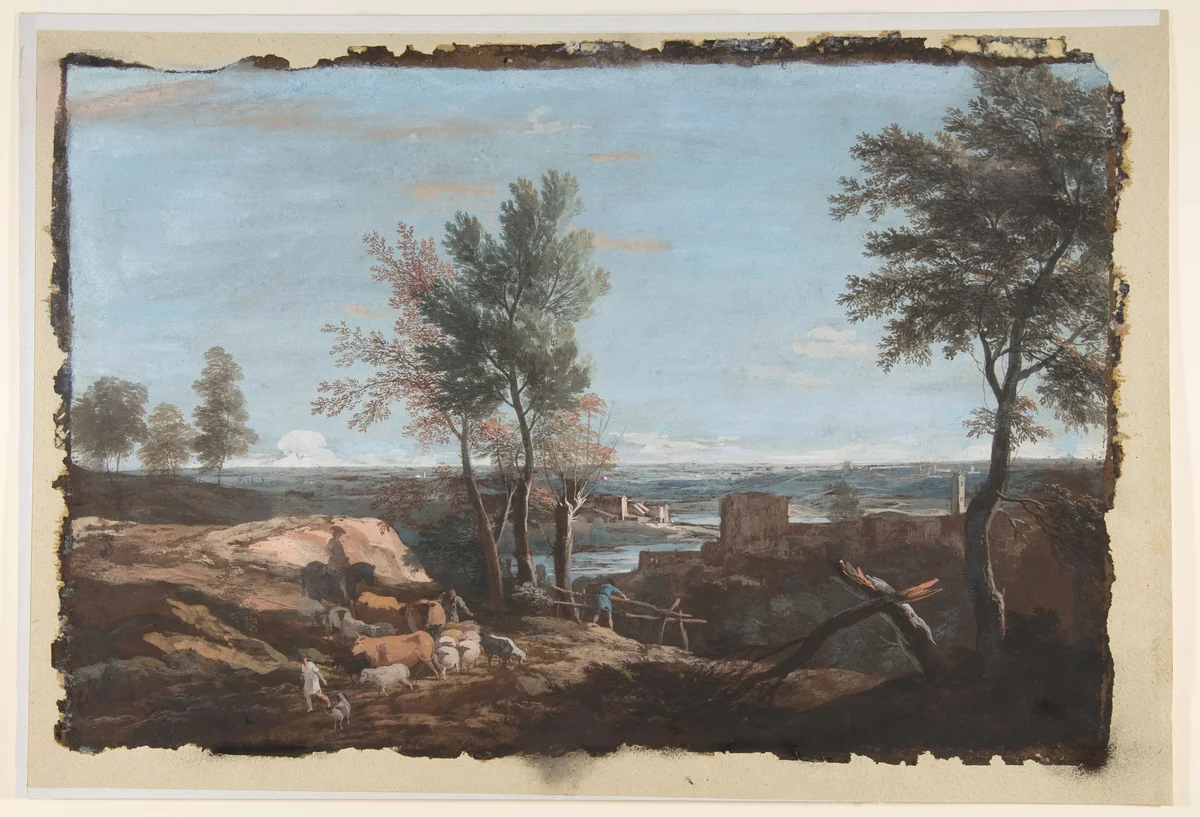 Extensive Pastoral Landscape by Marco Ricci, drawing, 1676-1730