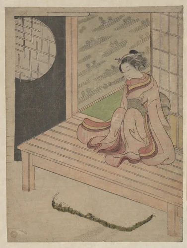 A Young Woman Seated upon the Engawa of a House by Suzuki Harunobu (鈴木春信), print, 1755-1775