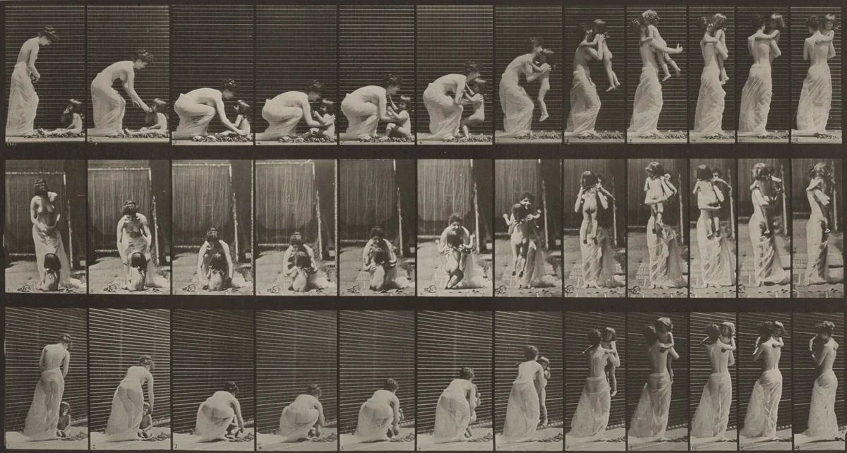 Plate Number 214. Lifting a child from the ground and turning around by Eadweard Muybridge, photograph, 1887