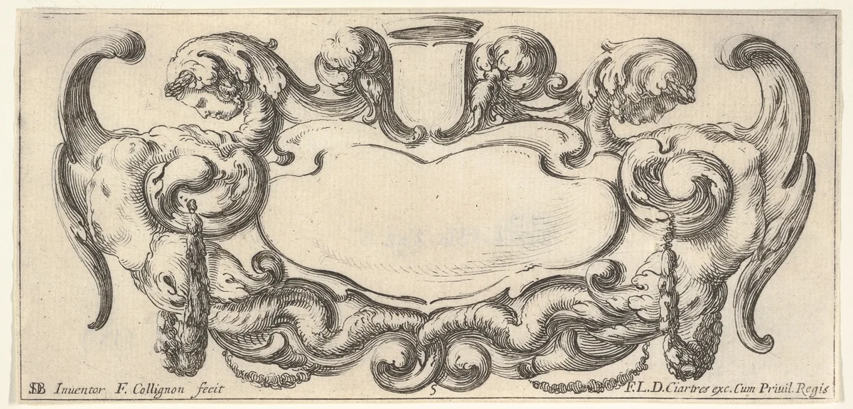Plate 5: a cartouche with a blank escutcheon at top center, a chimera to either side, their bodies ending in scrollwork and dragon tails, from "Twelve cartouches" (Recueil de douze cartouches) by François Collignon, print, 1640-1645