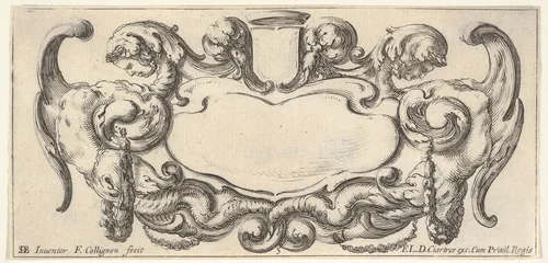 Plate 5: a cartouche with a blank escutcheon at top center, a chimera to either side, their bodies ending in scrollwork and dragon tails, from "Twelve cartouches" (Recueil de douze cartouches) by François Collignon, print, 1640-1645