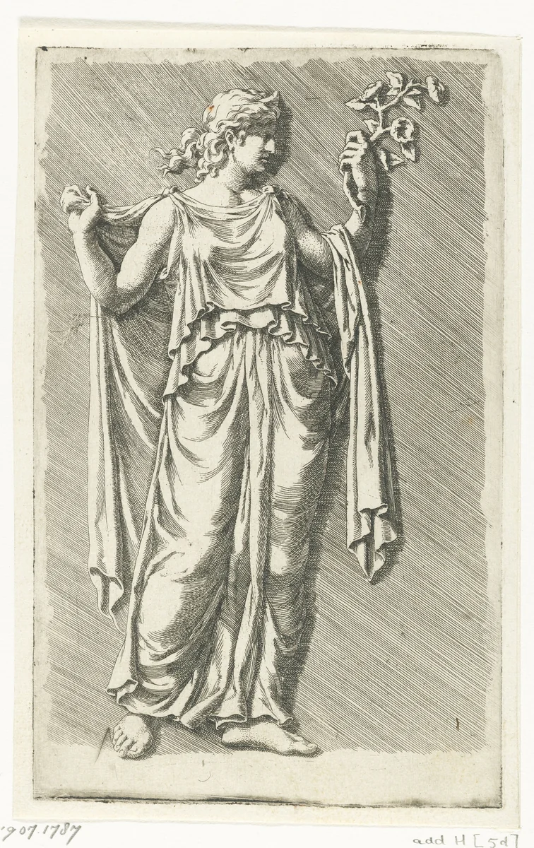 Flora met een bloesemtak in haar hand by Jan de Bisschop, print, 1638-1671