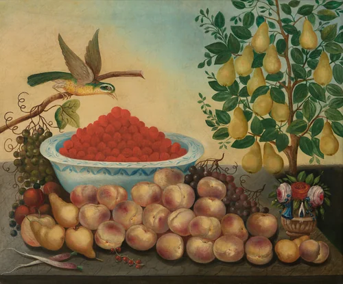 Still Life: Fruit, Bird, and Dwarf Pear Tree by Charles V. Bond, painting, 1856