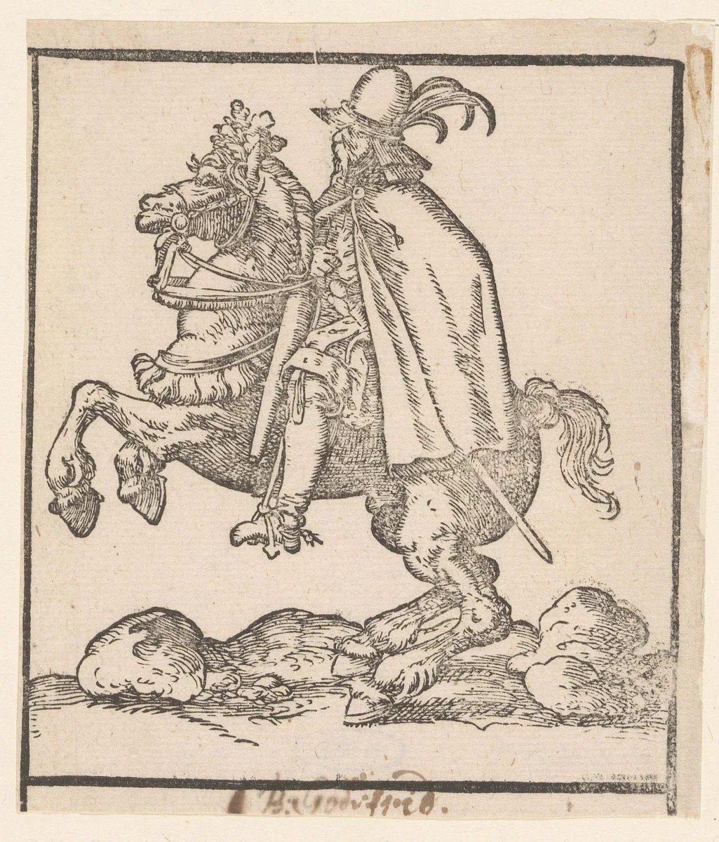 Ruiter op steigerend paard by anonymous, print, 1580