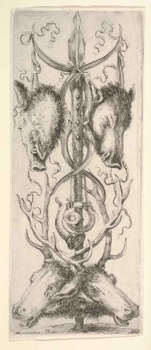 A hunting trophy, two wild boar heads above, two deer heads below, from "Ornaments or Grotesques" (Ornamenti o Grottesche) by Stefano della Bella, print, 1650-1656