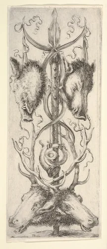 A hunting trophy, two wild boar heads above, two deer heads below, from "Ornaments or Grotesques" (Ornamenti o Grottesche) by Stefano della Bella, print, 1650-1656