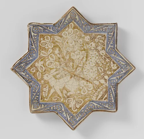 Star-shaped tile with hares among floral scrolls by anonymous, ceramic, 1250-1324