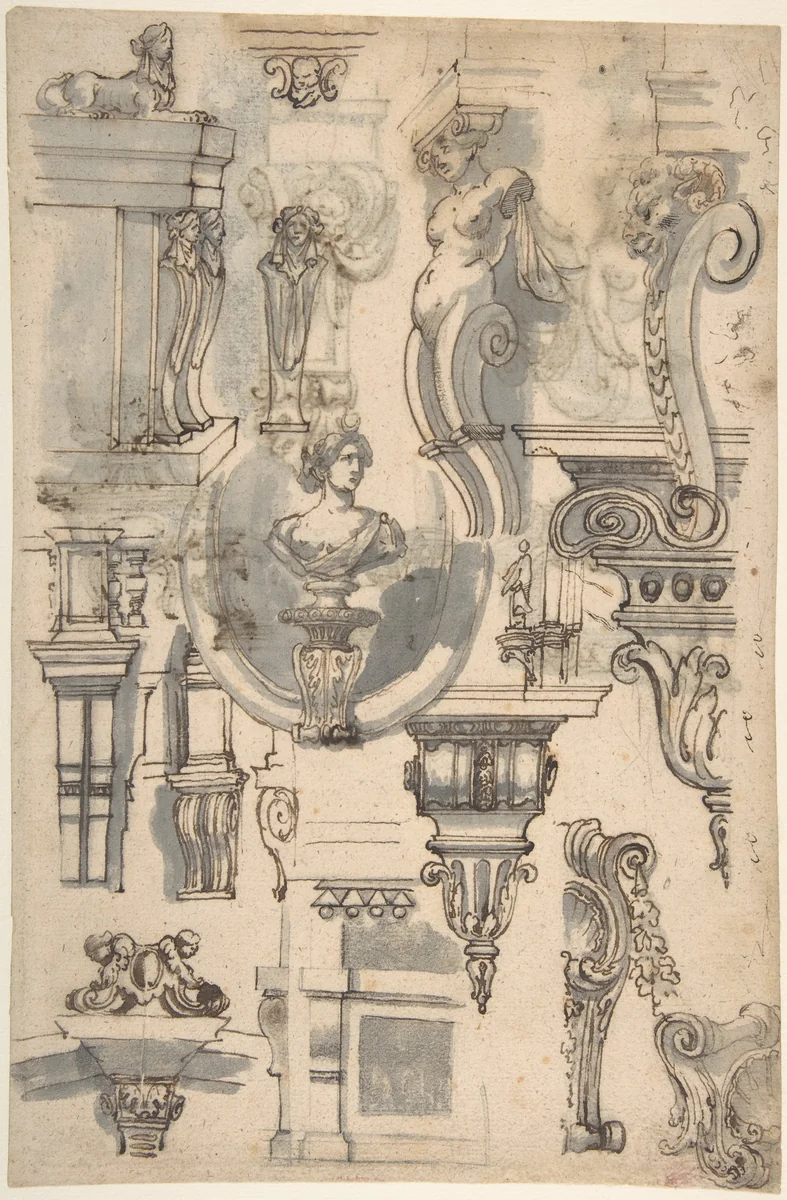 Brackets, Caryatids and other Architectural Details (recto and verso) by Gilles Marie Oppenord, drawing, 1672-1742