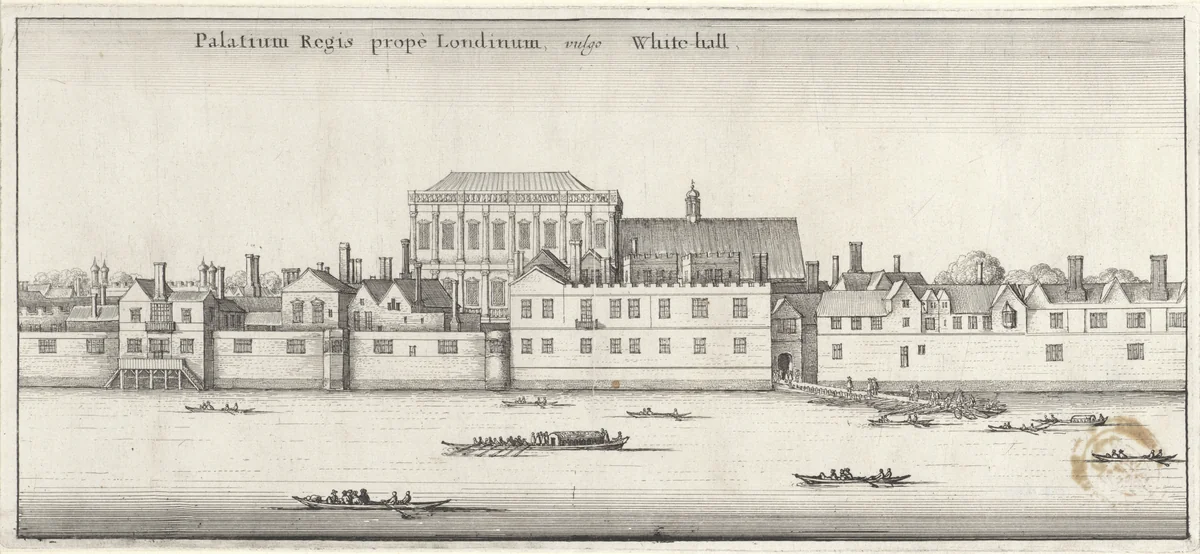 Whitehall te Londen, gezien vanaf de Theems by Wenceslaus Hollar, print, 1647