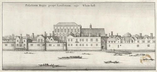 Whitehall te Londen, gezien vanaf de Theems by Wenceslaus Hollar, print, 1647