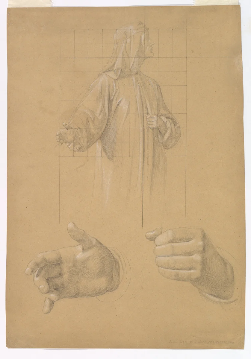 Study of a Standing Man with Headcloth and Two Studies of his Hands by Wilhelm Schadow, drawing, 1808-1862