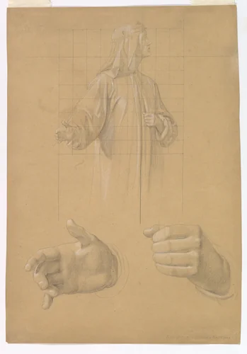 Study of a Standing Man with Headcloth and Two Studies of his Hands by Wilhelm Schadow, drawing, 1808-1862