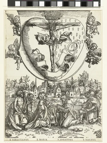 Maria en Johannes de Evangelist en Sebastiaan en Rochus aanbidden het Heilig Hart met Christus aan het kruis by Unknown, print, 1505