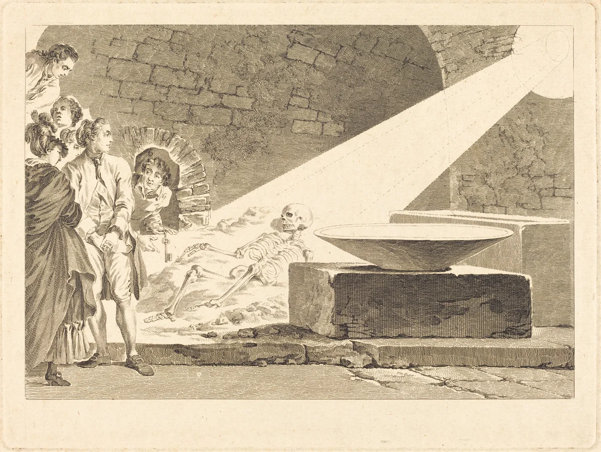 Fragonard and Bergeret with Their Wives Visiting a Tomb in Pompeii by Claude-Mathieu Fessard; Jean Honoré Fragonard, print, 1781
