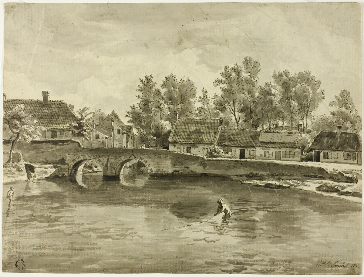 Man Fishing in River Near Village by Jan Baptiste de Johghe, drawing, 1832-1844