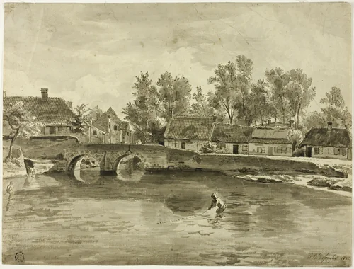 Man Fishing in River Near Village by Jan Baptiste de Johghe, drawing, 1832-1844