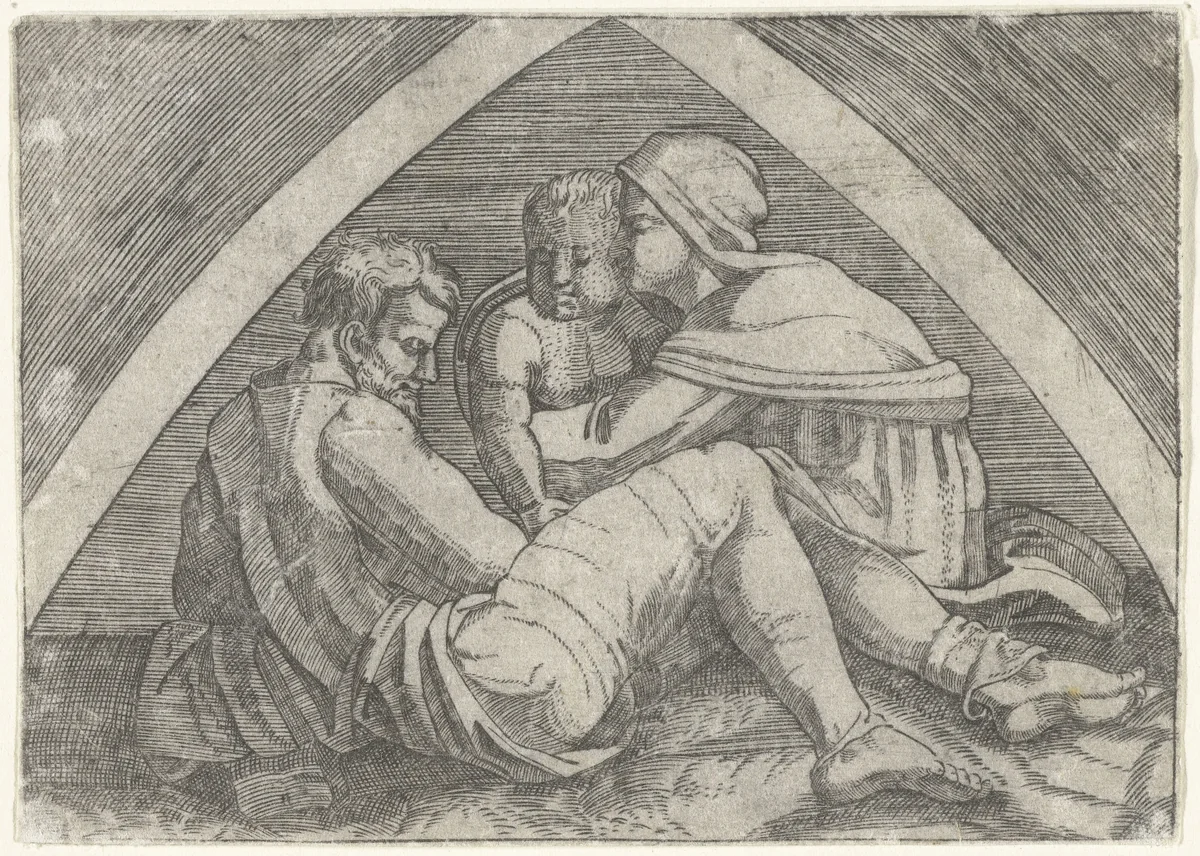Heilige Familie onder een boog by anonymous, print, 1500-1530