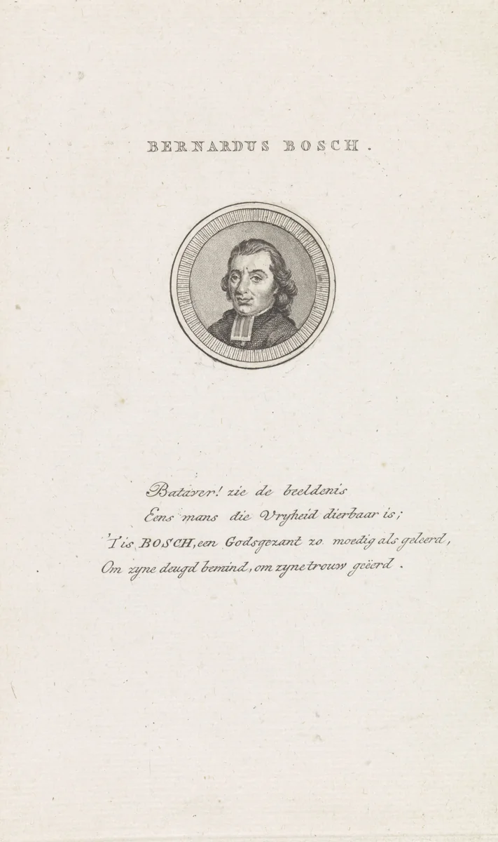 Portret van Bernardus Bosch by Abraham Jacobsz. Hulk, print, 1787