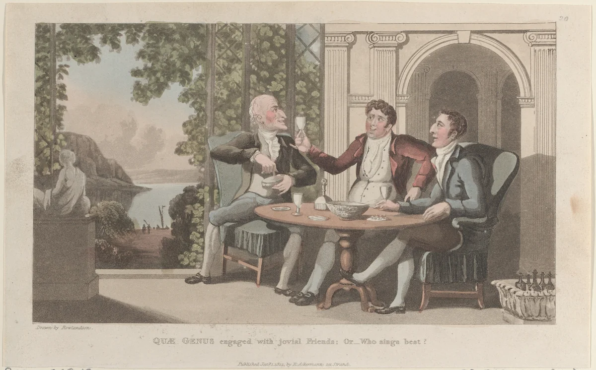 Quae Genus Engaged with Jovial Friends; Or–Who Sings Best? by Thomas Rowlandson, print, 1822