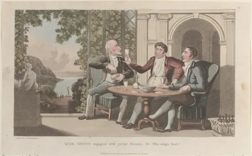 Quae Genus Engaged with Jovial Friends; Or–Who Sings Best? by Thomas Rowlandson, print, 1822
