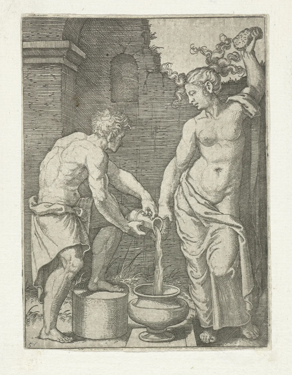 Halfnaakte vrouw wast zich met sponzen en mannelijke bediende schenkt water in vat by anonymous, print, 1510-1575