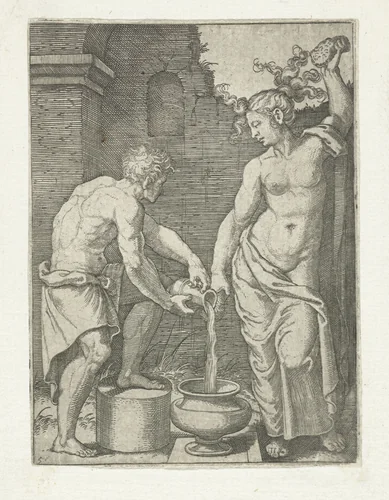 Halfnaakte vrouw wast zich met sponzen en mannelijke bediende schenkt water in vat by anonymous, print, 1510-1575