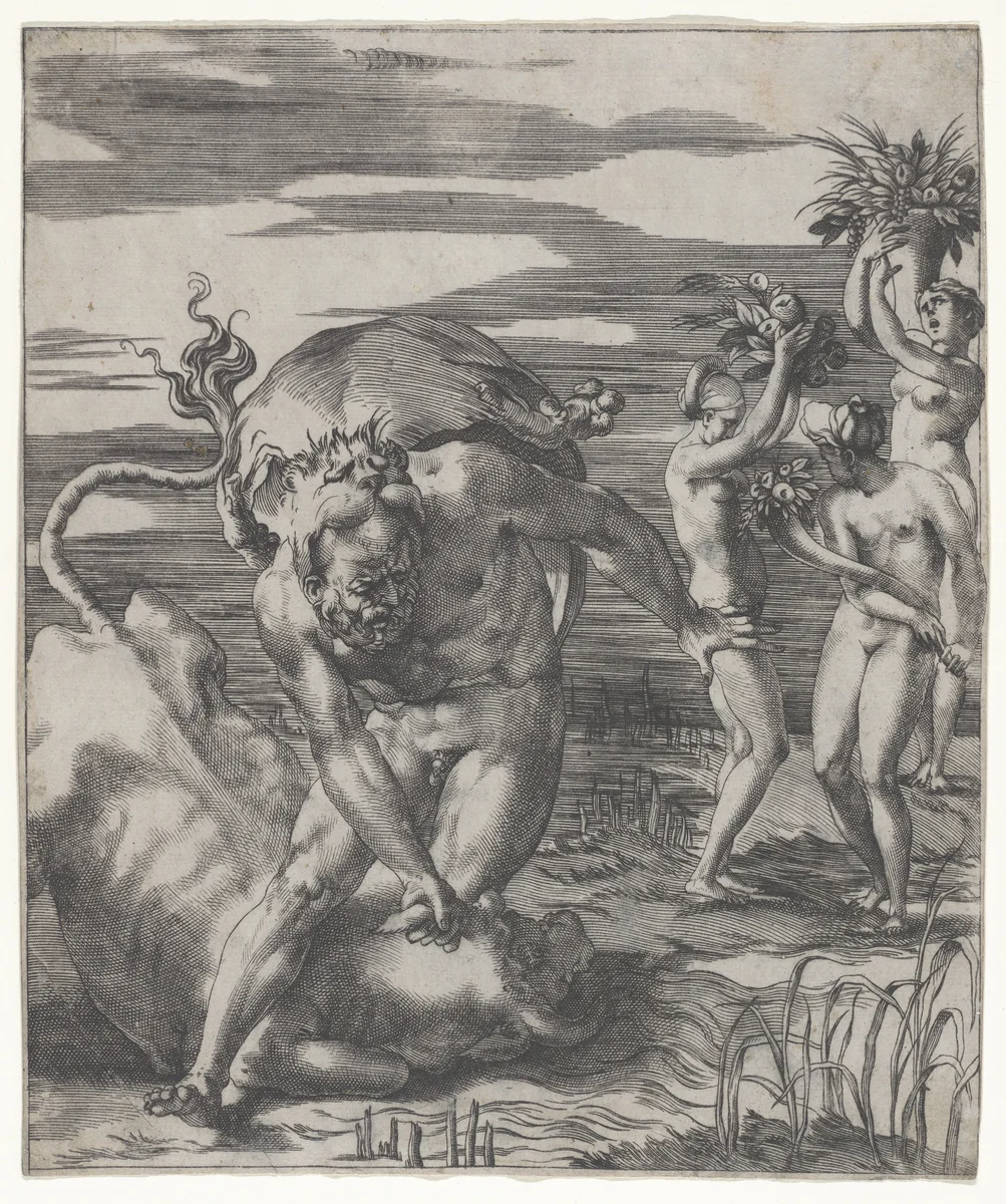 Hercules defeating the river god Acheolus in the form of a bull, with three women to his left holding cornucopias, from "Herculean Subjects" by Giovanni Jacopo Caraglio, print, 1521-1532