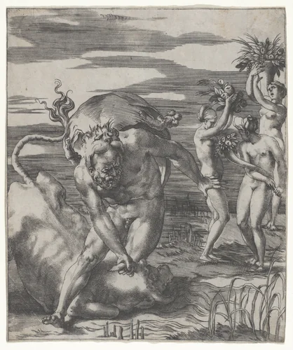 Hercules defeating the river god Acheolus in the form of a bull, with three women to his left holding cornucopias, from "Herculean Subjects" by Giovanni Jacopo Caraglio, print, 1521-1532